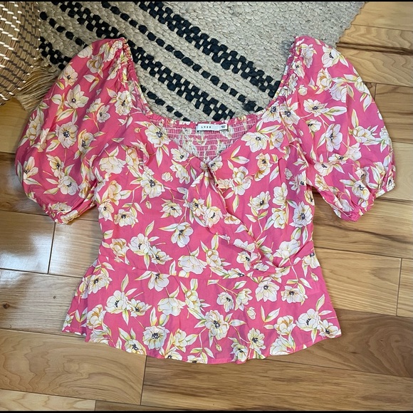 Lush Pink and Yellow Floral Cold Shoulders Blouse Sz Large - Picture 2 of 7